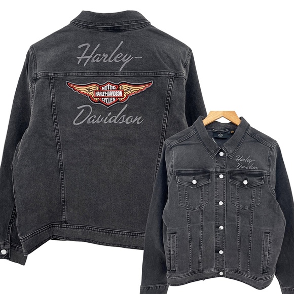 Harley-Davidson® Silver Wing Stretch Black Denim Jacket Women’s XL - Picture 1 of 12